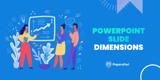 PowerPoint slide dimensions infographic showing people discussing presentation layout – PapersOwl