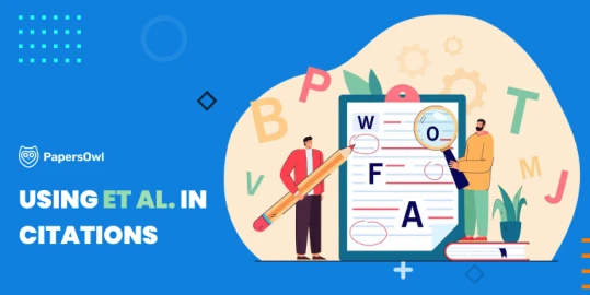 Illustration of two people analyzing a document with letters and magnifying glass, symbolizing how to use et al. in citations for academic writing.