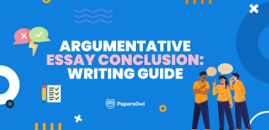 Group of students discussing argumentative essay conclusion tips with illustrations