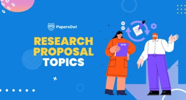 Research proposal topics banner with two students holding documents, PapersOwl branding on a blue background.
