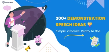 Banner with speaker, “220+ Demonstration Speech Ideas” title, and checklist icon.