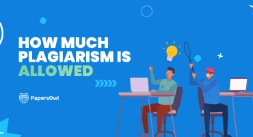 Illustrative banner for an article about plagiarism limits featuring characters at desks with a 'stealing ideas' concept.