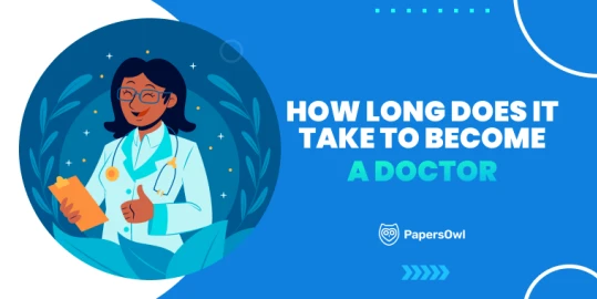 Illustrated doctor holding a clipboard with the text “How long does it take to become a doctor” on a blue PapersOwl banner