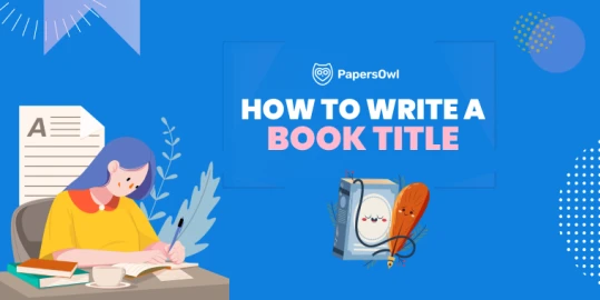 A person writing a book title with examples and creative elements.