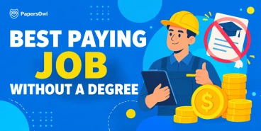 Construction worker in a yellow hard hat giving a thumbs-up next to stacks of gold coins and a crossed-out diploma, illustrating high-paying jobs without a college degree.