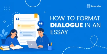 Illustration of students writing an essay next to a document with text bubbles titled How to Format Dialogue in an Essay.
