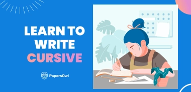 A person learning to write in cursive at a desk with plants and writing materials, showcasing a focus on handwriting skills.