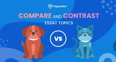 Compare and contrast essay topics infographic featuring a dog vs cat illustration by PapersOwl