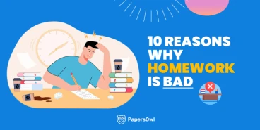 Student frustrated with homework surrounded by books and clock, showing reasons why homework is bad