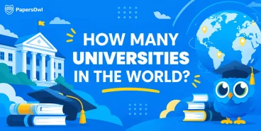 Illustration featuring an academic building, a globe, and an owl asking how many universities exist in the world