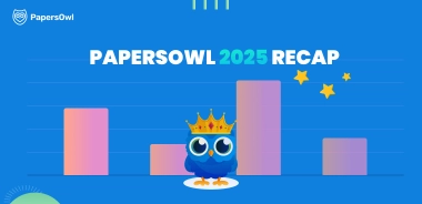 Digital illustration for PapersOwl 2025 Recap featuring a blue owl mascot with a gold crown standing against a background of rising bar charts