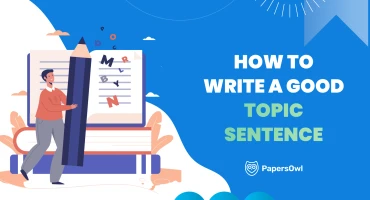 Illustration of a writer using a giant pencil to craft a clear topic sentence for a well-structured paragraph.