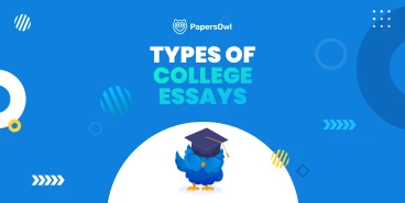 Blue banner with a graduate owl mascot titled "Types of College Essays" by PapersOwl.