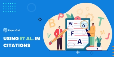 Illustration of two people analyzing a document with letters and magnifying glass, symbolizing how to use et al. in citations for academic writing.