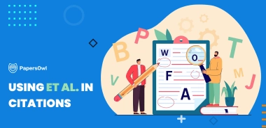 Illustration of two people analyzing a document with letters and magnifying glass, symbolizing how to use et al. in citations for academic writing.