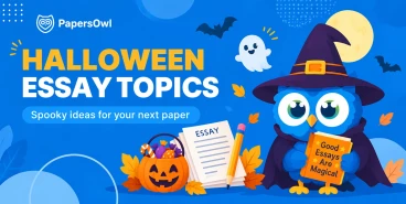 Halloween essay topics with an illustration of an owl in a witch costume