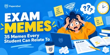 Illustration of a stressed female student studying late at a desk with textbooks, a laptop, and the text "Exam Memes: 35 Memes Every Student Can Relate To"