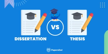 Comparison of dissertation and thesis, featuring two academic papers with caps and pencils