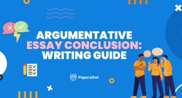 Group of students discussing argumentative essay conclusion tips with illustrations