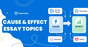 Graphic illustrating cause and effect essay topics connected to climate, technology, education, and health