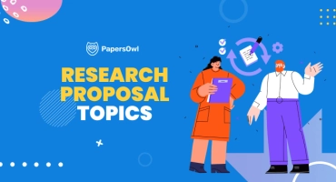 Research proposal topics banner with two students holding documents, PapersOwl branding on a blue background.