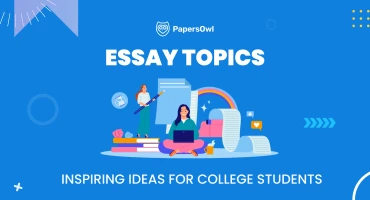Creative illustration of students brainstorming and writing academic essays with various paper and book elements.