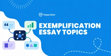 Exemplification essay topics title banner with conceptual illustration