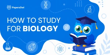 An educational graphic with the text "How to Study for Biology" featuring a blue owl character in a graduation cap reading a book on a stack of books, surrounded by science icons.