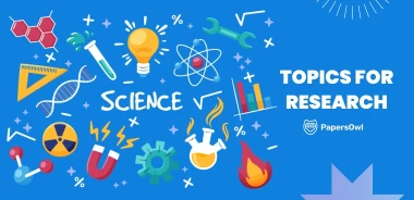 Science-related icons and symbols representing research topics