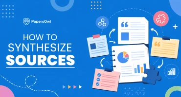 Graphic guide on how to synthesize sources with text icons, charts, and research notes on a blue background