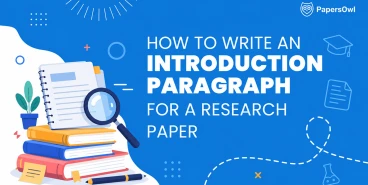 Educational graphic illustrating how to write an introduction paragraph for a research paper with books, notebook, and magnifying glass