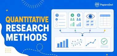 Quantitative research methods infographic illustrating data collection techniques and statistical analysis charts