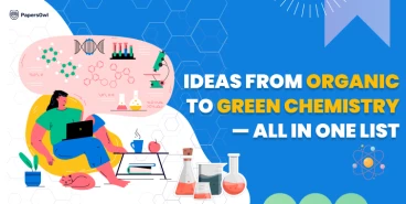Banner showing a student with chemistry tools and the text 'Ideas from Organic to Green Chemistry — All in One List'