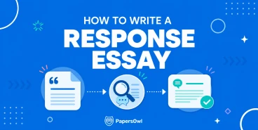 Step-by-step guide on how to write a response essay with icons illustrating reading, analyzing, and writing.