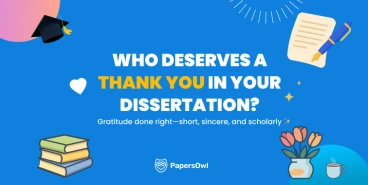 Illustration of books, paper and pen, flowers, and graduation cap with text about writing dissertation acknowledgements