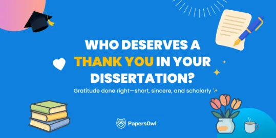 Illustration of books, paper and pen, flowers, and graduation cap with text about writing dissertation acknowledgements