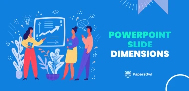 PowerPoint slide dimensions infographic showing people discussing presentation layout – PapersOwl