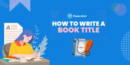 A person writing a book title with examples and creative elements.