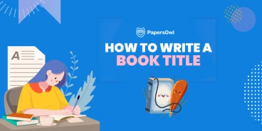 A person writing a book title with examples and creative elements.