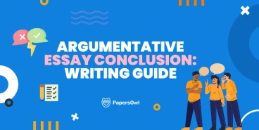 Group of students discussing argumentative essay conclusion tips with illustrations