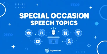 pecial occasion speech topics graphic featuring a podium, microphone, and icons for graduation, toasts, gifts, and awards