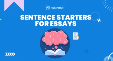 Educational banner for PapersOwl titled Sentence Starters for Essays featuring an illustration of a brain and a book.