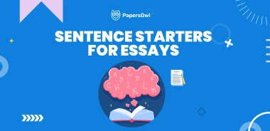 Educational banner for PapersOwl titled Sentence Starters for Essays featuring an illustration of a brain and a book.