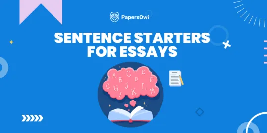 Educational banner for PapersOwl titled Sentence Starters for Essays featuring an illustration of a brain and a book.