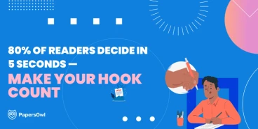Illustration showing a student writing at a desk with the text '80% of readers decide in 5 seconds — Make Your Hook Count' emphasizing the importance of strong essay introductions.