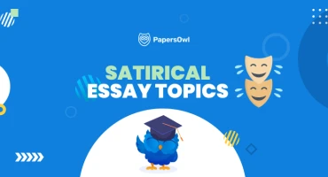 Infographic showcasing satirical essay topics with visual elements of humor and drama masks
