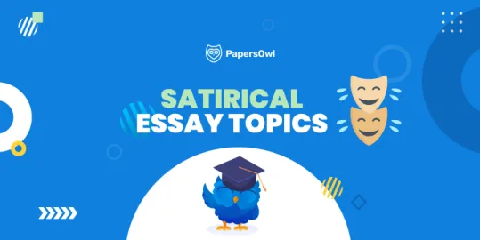 Infographic showcasing satirical essay topics with visual elements of humor and drama masks