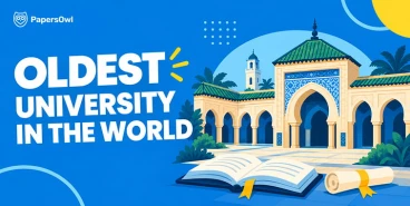 An illustration of Al-Qarawiyyin, the oldest university in the world, located in Fez, Morocco, with an open book and a scroll on a blue background