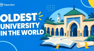 An illustration of Al-Qarawiyyin, the oldest university in the world, located in Fez, Morocco, with an open book and a scroll on a blue background
