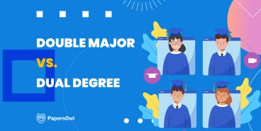 Illustration comparing double major vs dual degree options for university students by PapersOwl.